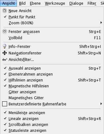 Inhalt des Ansicht-Menüs